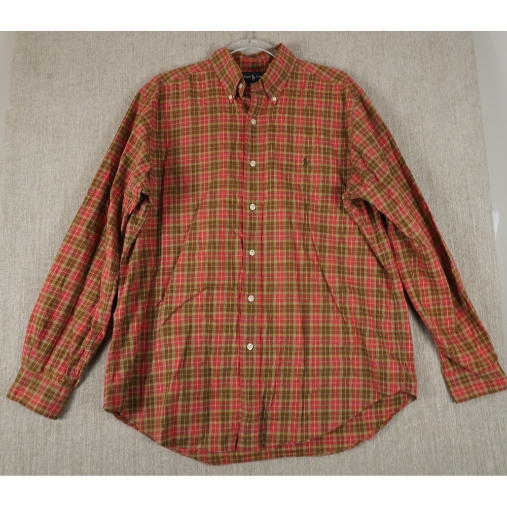 Ralph Lauren Dress Shirt Mens Large Pink Olive Checkered Button Up Slim Fit Sz L